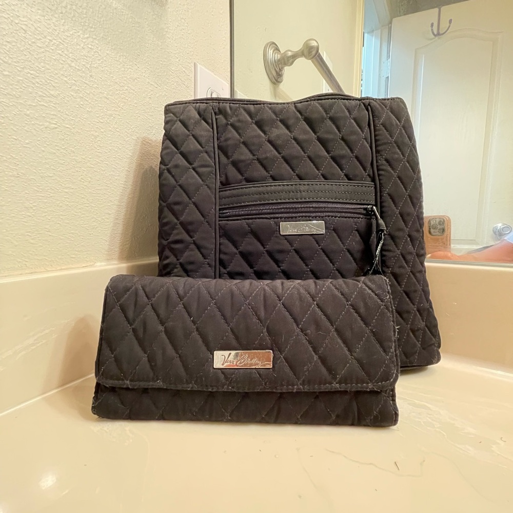 Vera Bradley Black Quilted Backpack and Wallet Set